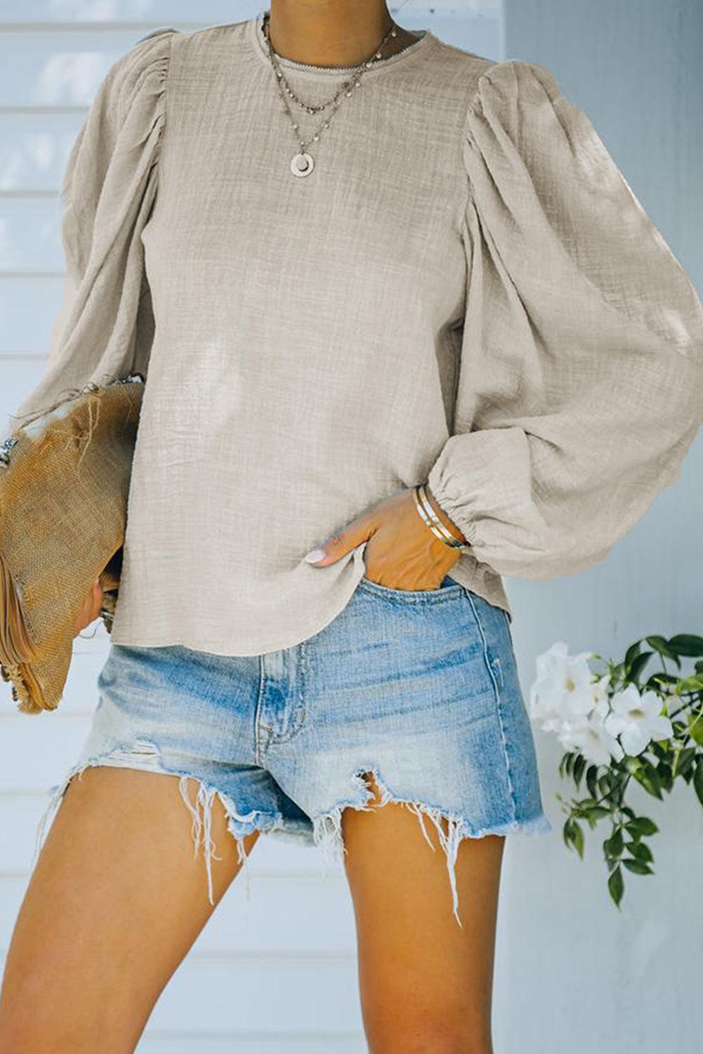 Billowed Sleeve Crew Neck Blouse