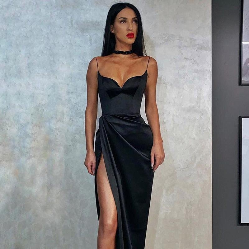 LVINMW  Black Satin Spaghetti Straps Low Cut Long Dress Women Summer Ruched Side High Split Maxi Dress Elegant Party Club