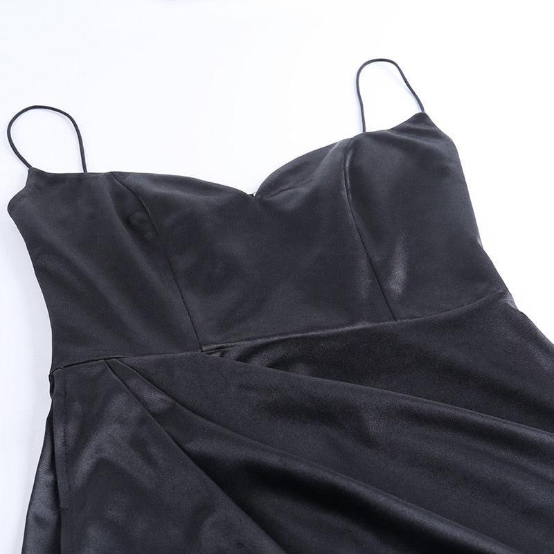 LVINMW  Black Satin Spaghetti Straps Low Cut Long Dress Women Summer Ruched Side High Split Maxi Dress Elegant Party Club