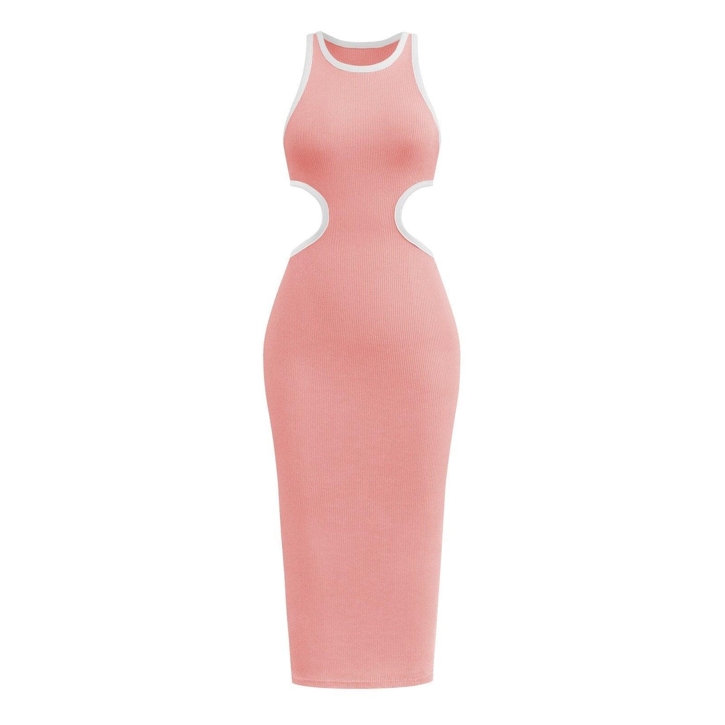 Knitted Ribbed Cut Out Long Tank Dresses Women Crewneck Backless Hollow Out Club Party Bodycon Maxi Dress Y2K Streetwear