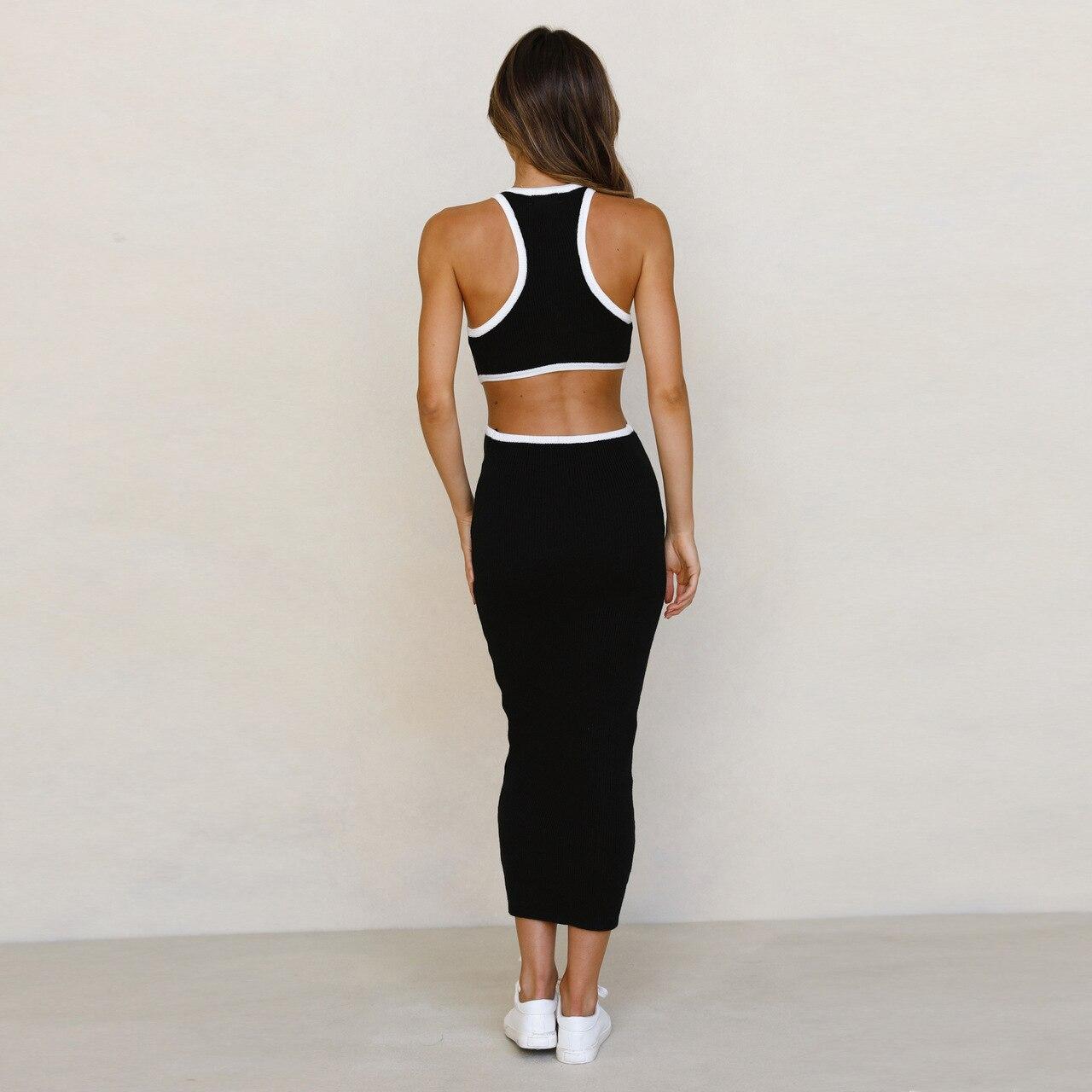Knitted Ribbed Cut Out Long Tank Dresses Women Crewneck Backless Hollow Out Club Party Bodycon Maxi Dress Y2K Streetwear