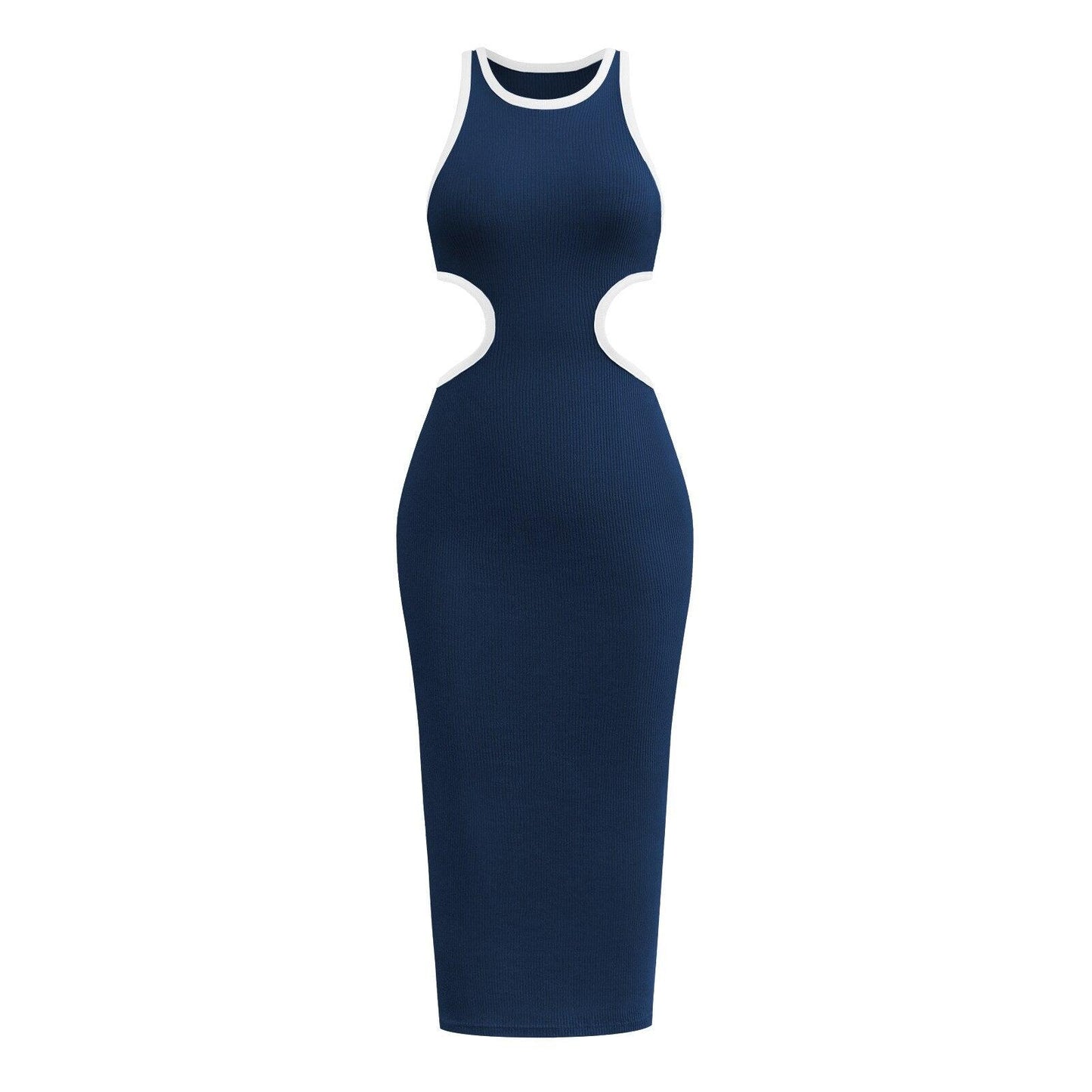 Knitted Ribbed Cut Out Long Tank Dresses Women Crewneck Backless Hollow Out Club Party Bodycon Maxi Dress Y2K Streetwear
