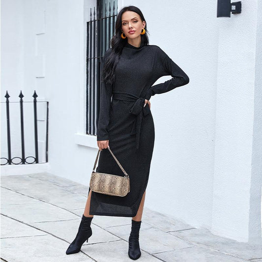 Casual High Waist Slim Fit Stretch Split Midi Dress Elegant Slightly Mature Fashion Long Sleeve Tied Dress