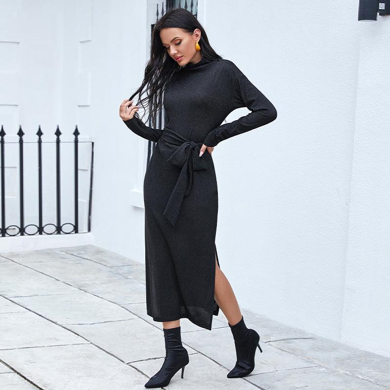 Casual High Waist Slim Fit Stretch Split Midi Dress Elegant Slightly Mature Fashion Long Sleeve Tied Dress