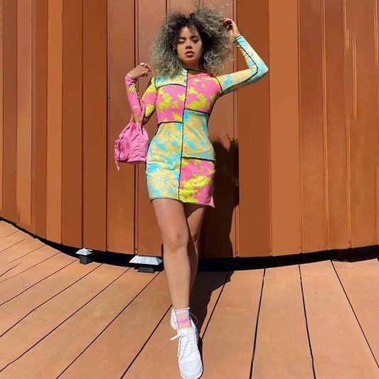 Colorful Patchwork Slim Dress Long Sleeve O Neck Street Casual Clothing Elastic Bodycon Mini Dress