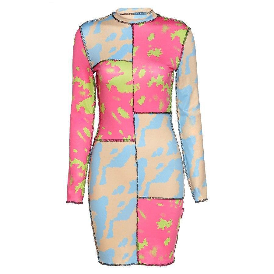 Colorful Patchwork Slim Dress Long Sleeve O Neck Street Casual Clothing Elastic Bodycon Mini Dress