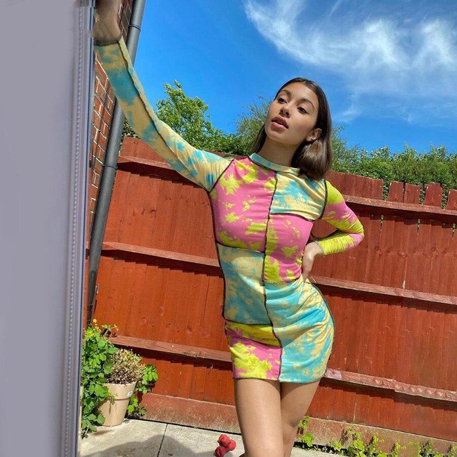 Colorful Patchwork Slim Dress Long Sleeve O Neck Street Casual Clothing Elastic Bodycon Mini Dress