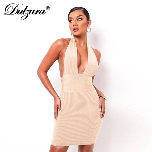 Dulzura Solid Ribbed Knitted Stripe Women Halter Midi Dress Backless Patchwork Bodycon  Party Elegant Club 2021 Summer Club