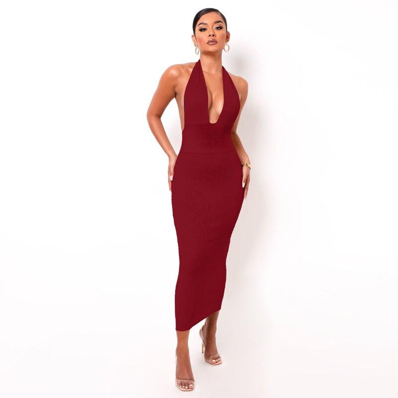 Dulzura Solid Ribbed Knitted Stripe Women Halter Midi Dress Backless Patchwork Bodycon  Party Elegant Club 2021 Summer Club