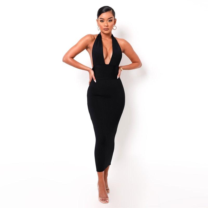 Dulzura Solid Ribbed Knitted Stripe Women Halter Midi Dress Backless Patchwork Bodycon  Party Elegant Club 2021 Summer Club