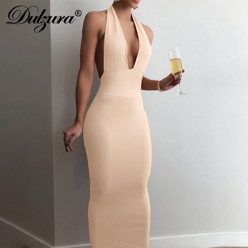 Dulzura Solid Ribbed Knitted Stripe Women Halter Midi Dress Backless Patchwork Bodycon  Party Elegant Club 2021 Summer Club