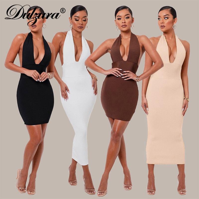 Dulzura Solid Ribbed Knitted Stripe Women Halter Midi Dress Backless Patchwork Bodycon  Party Elegant Club 2021 Summer Club