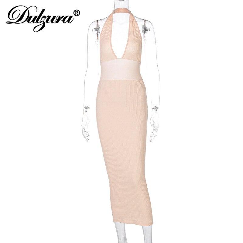 Dulzura Solid Ribbed Knitted Stripe Women Halter Midi Dress Backless Patchwork Bodycon  Party Elegant Club 2021 Summer Club
