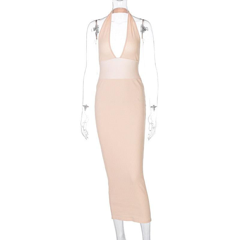 Dulzura Solid Ribbed Knitted Stripe Women Halter Midi Dress Backless Patchwork Bodycon  Party Elegant Club 2021 Summer Club