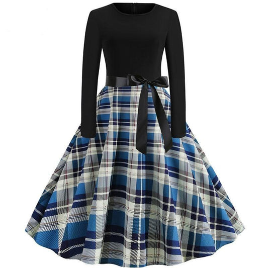 Women Long Sleeve Plaid Print Winter Dress