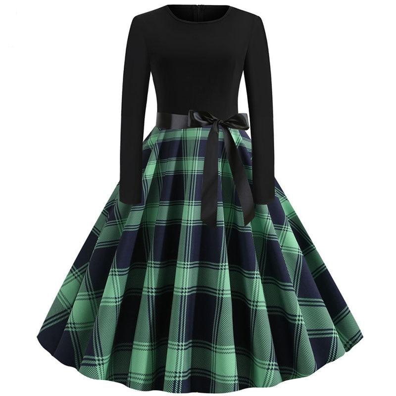 Women Long Sleeve Plaid Print Winter Dress