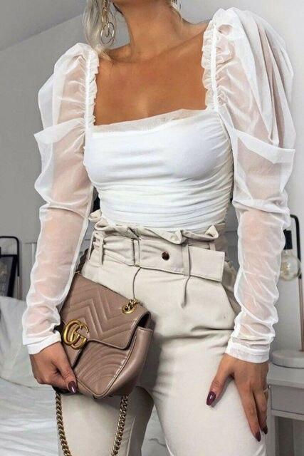 Women Blouse Casual Top Solid Mesh Puff Long Sleeve Ruched Square Neck Strap See through Tops Blouses Streetwear