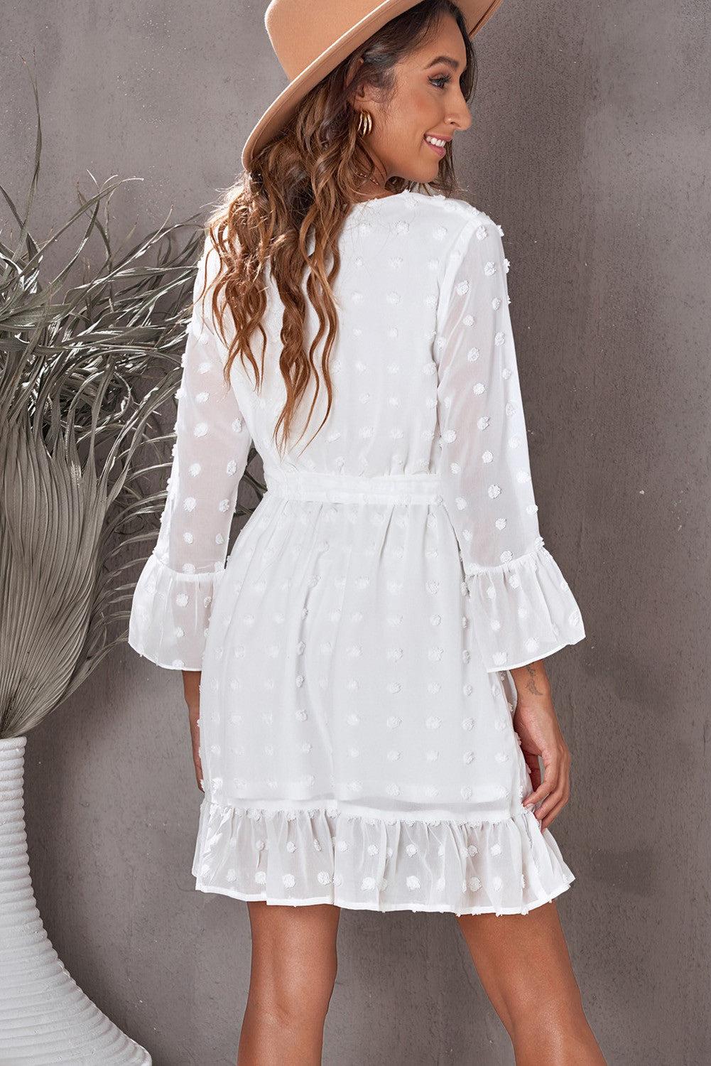 Wrap V Neck 3/4 Sleeve Belted Swiss Dot Mini Dress