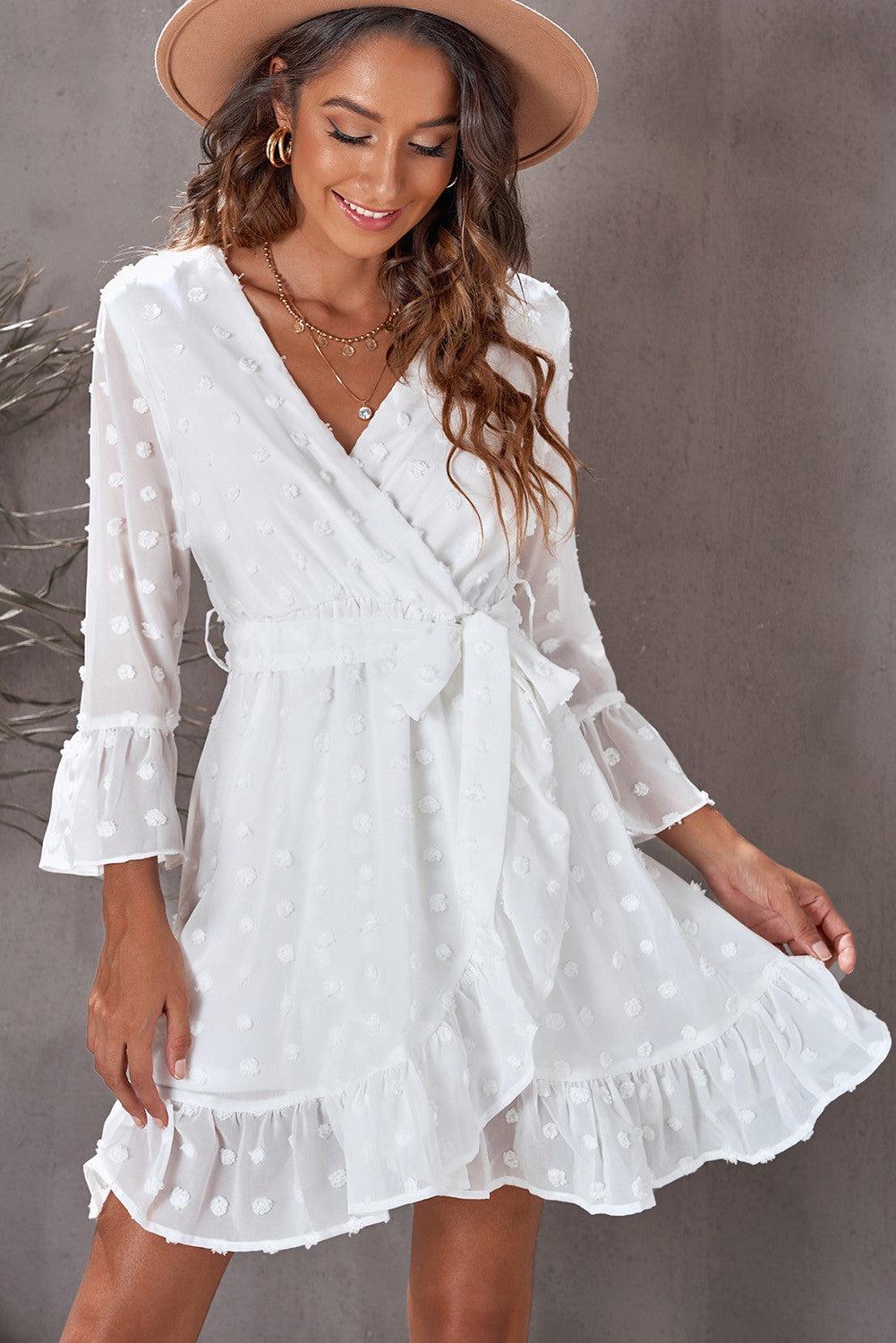 Wrap V Neck 3/4 Sleeve Belted Swiss Dot Mini Dress