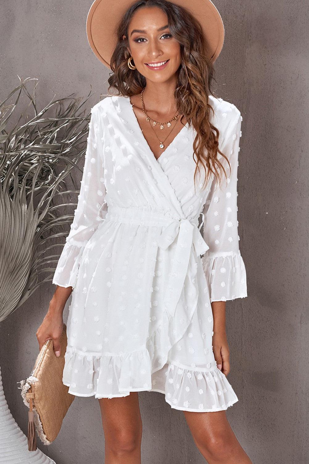 Wrap V Neck 3/4 Sleeve Belted Swiss Dot Mini Dress