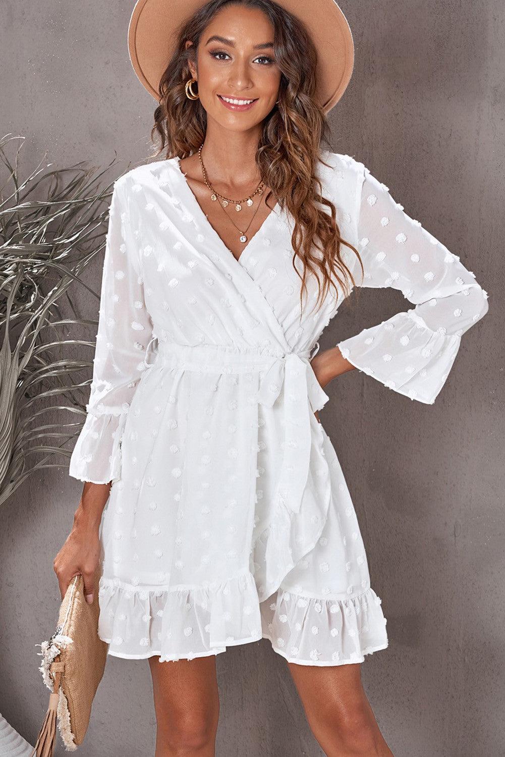Wrap V Neck 3/4 Sleeve Belted Swiss Dot Mini Dress