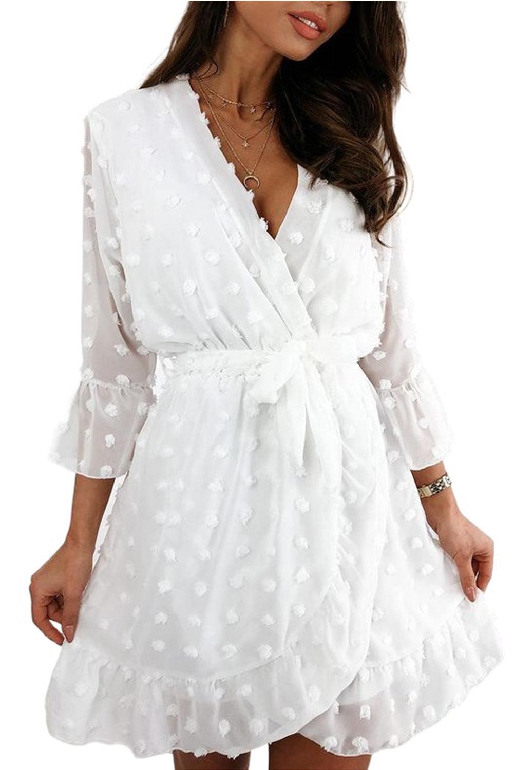 Wrap V Neck 3/4 Sleeve Belted Swiss Dot Mini Dress