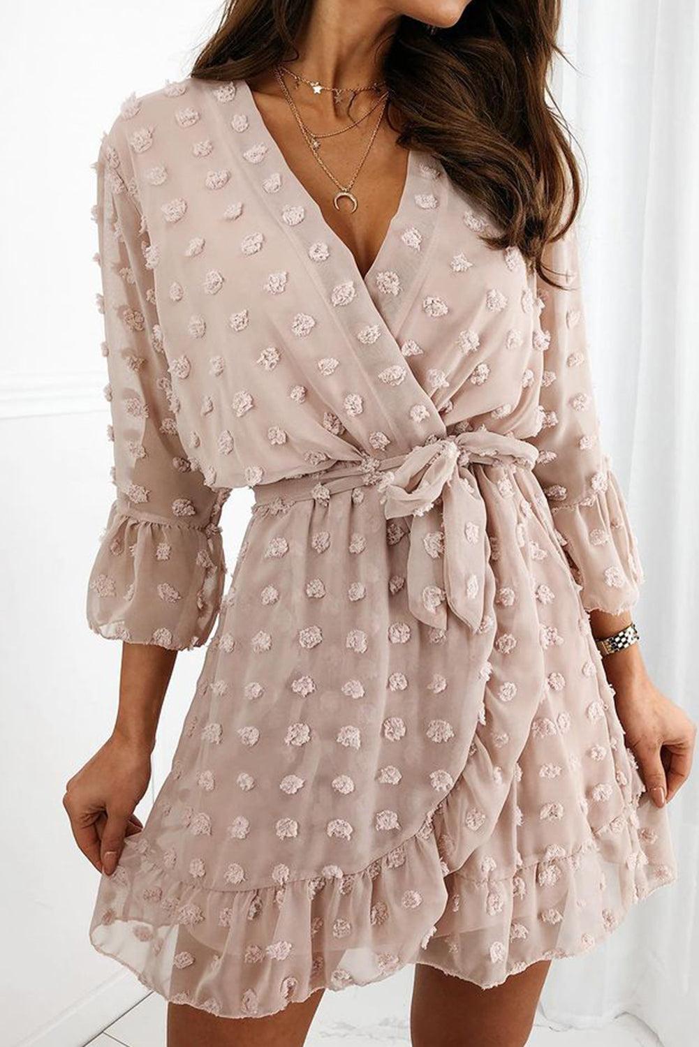 Wrap V Neck 3/4 Sleeve Belted Swiss Dot Mini Dress