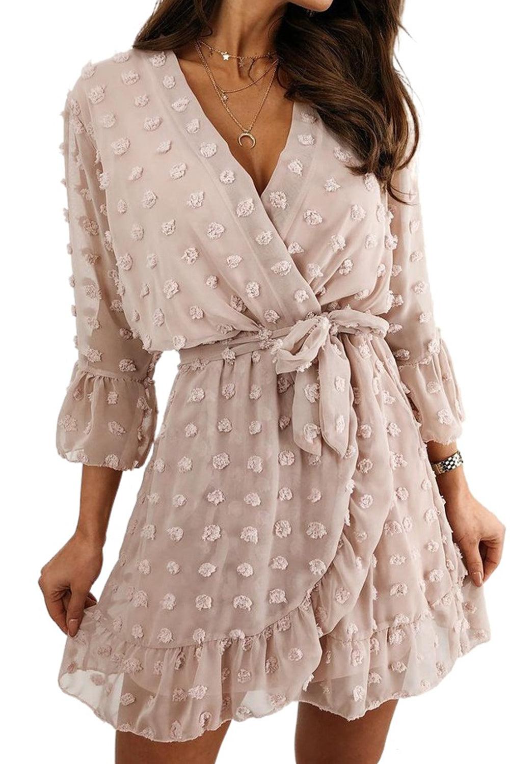 Wrap V Neck 3/4 Sleeve Belted Swiss Dot Mini Dress
