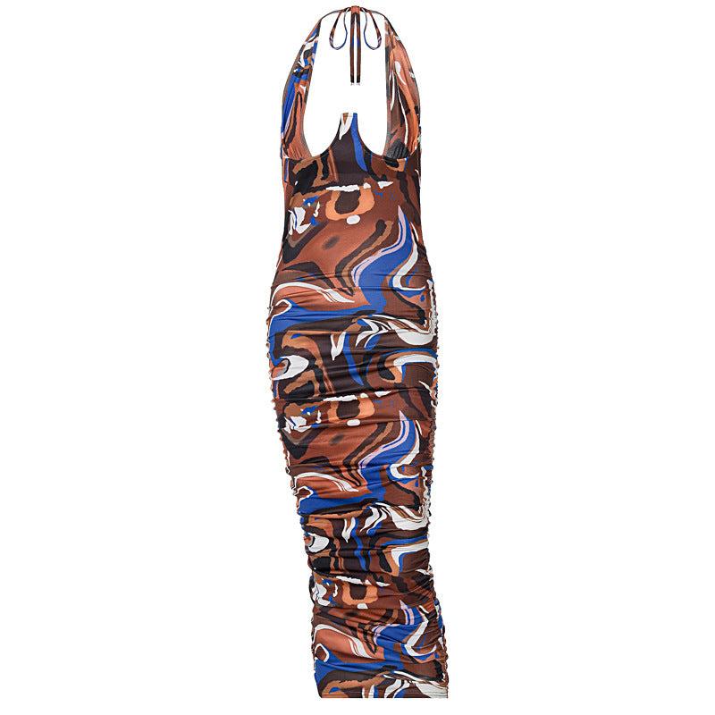 Women 2021 Autumn New Fashion Printed Lace-up  Backless Midi Dress