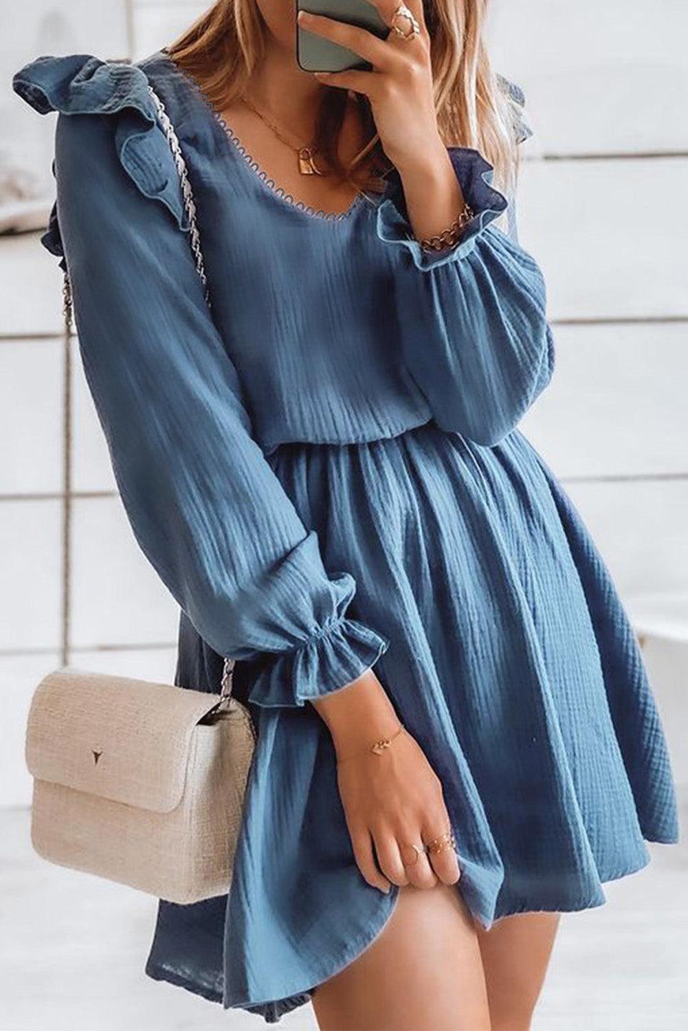 V Neck Puff Sleeves Crinkled Tunic Mini Dress