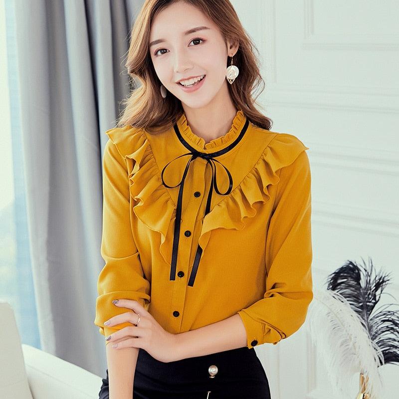 White Shirt Long Sleeve Shirts Korean Ruffles Women Streetwear Slim Chiffon Blouse