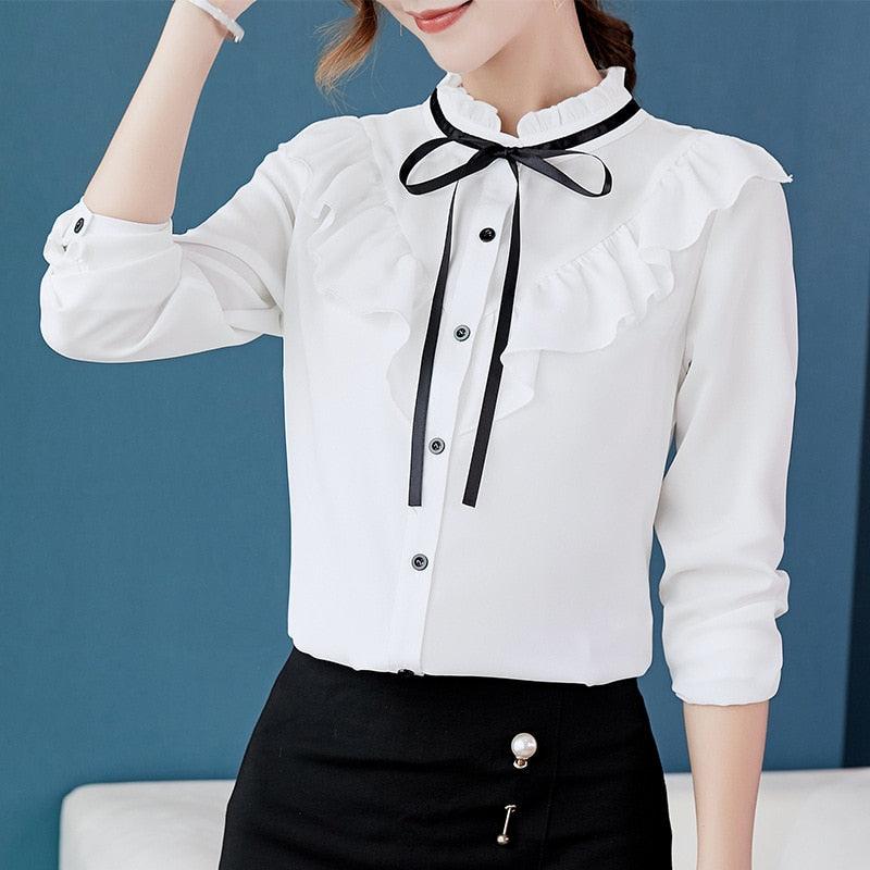 White Shirt Long Sleeve Shirts Korean Ruffles Women Streetwear Slim Chiffon Blouse