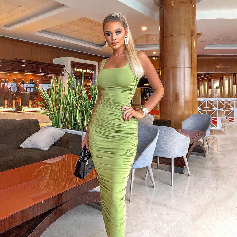 Pleated Midi Dress Shirt Dress Tight  Sleeveless Elegant Party Backless Street Spring Summer Clothing