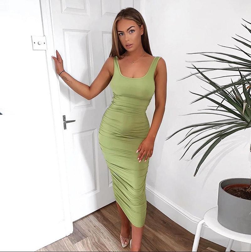 Pleated Midi Dress Shirt Dress Tight  Sleeveless Elegant Party Backless Street Spring Summer Clothing