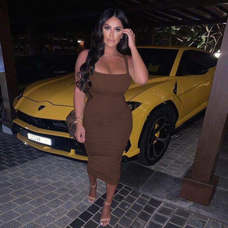 Pleated Midi Dress Shirt Dress Tight  Sleeveless Elegant Party Backless Street Spring Summer Clothing