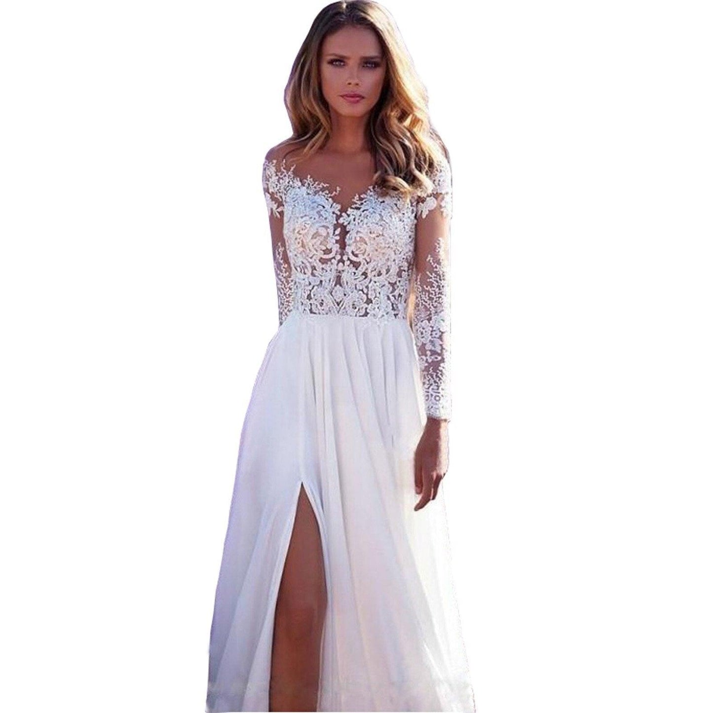 Women Prom Evening Dress Lace White Wedding Gown Bridesmaid Dressed V-Neck Spaghetti Straps  Temperament Split Long vestido #40