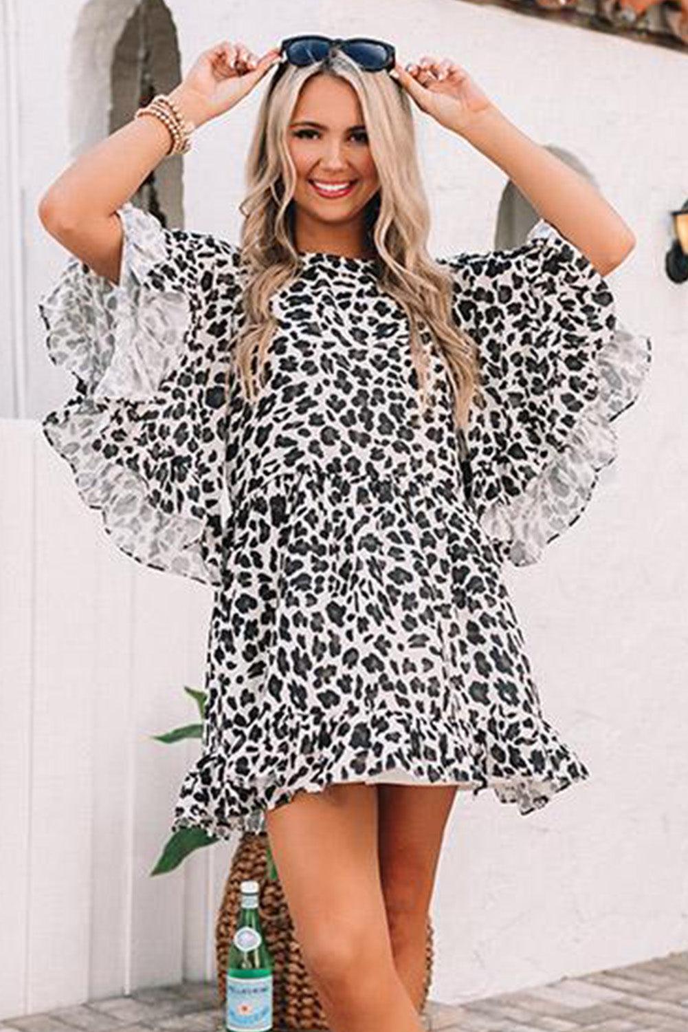 Print Crewneck Flare Sleeve Mini Dress