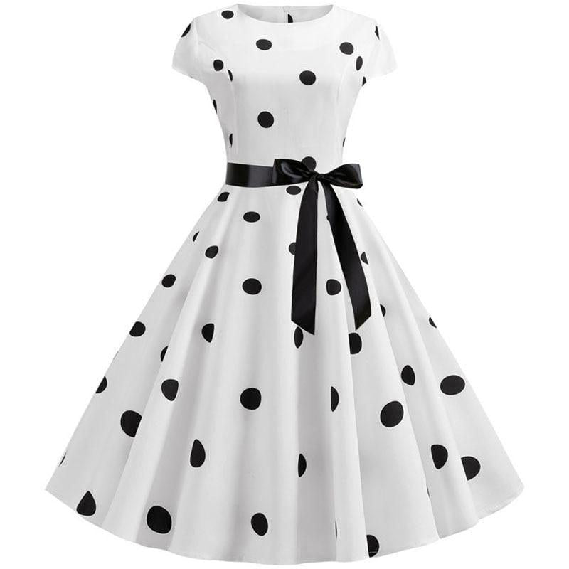 Short Sleeve Polka Dot Summer Dress Women White Elegant A-line Midi Party Dress