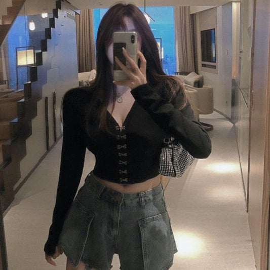 Autumn new блузка женская футболка Hong Kong taste  V-neck knitted bottoming shirt short top long sleeve women топ blouse