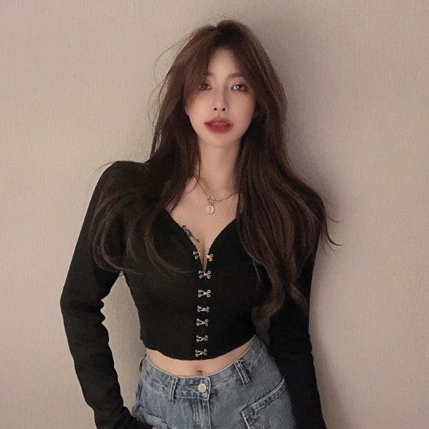 Autumn new блузка женская футболка Hong Kong taste  V-neck knitted bottoming shirt short top long sleeve women топ blouse