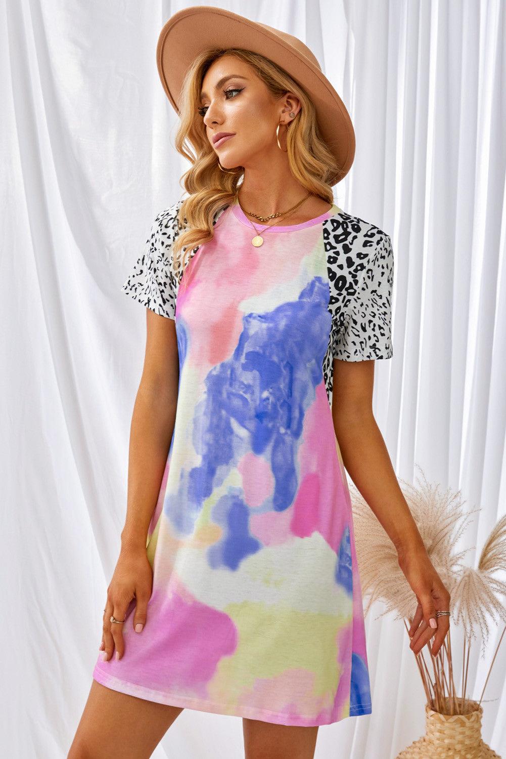 Tie Dye Leopard Splicing O-Neck Mini Dress
