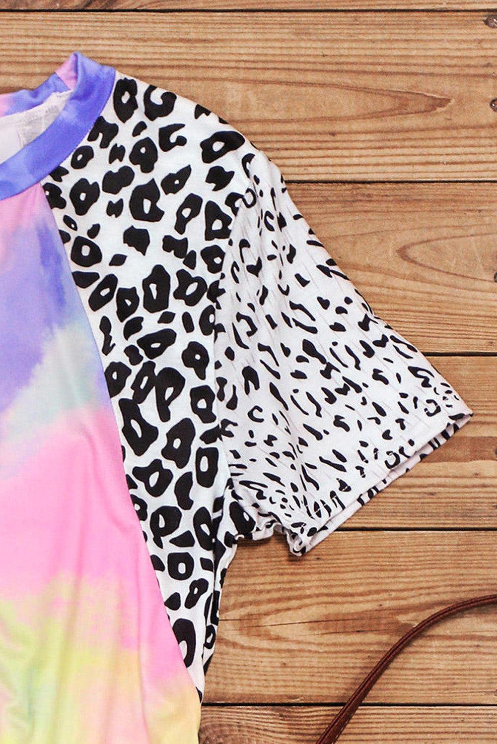 Tie Dye Leopard Splicing O-Neck Mini Dress