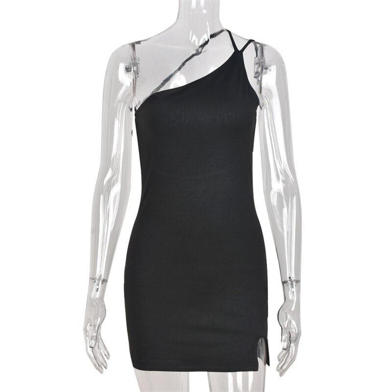 Women Sleeveless Backless Slim Fit One Shoulder Short Dress Solid Color  Party Club Bodycon Dress