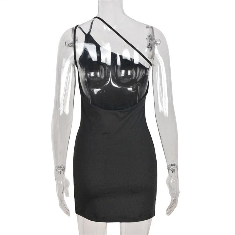 Women Sleeveless Backless Slim Fit One Shoulder Short Dress Solid Color  Party Club Bodycon Dress