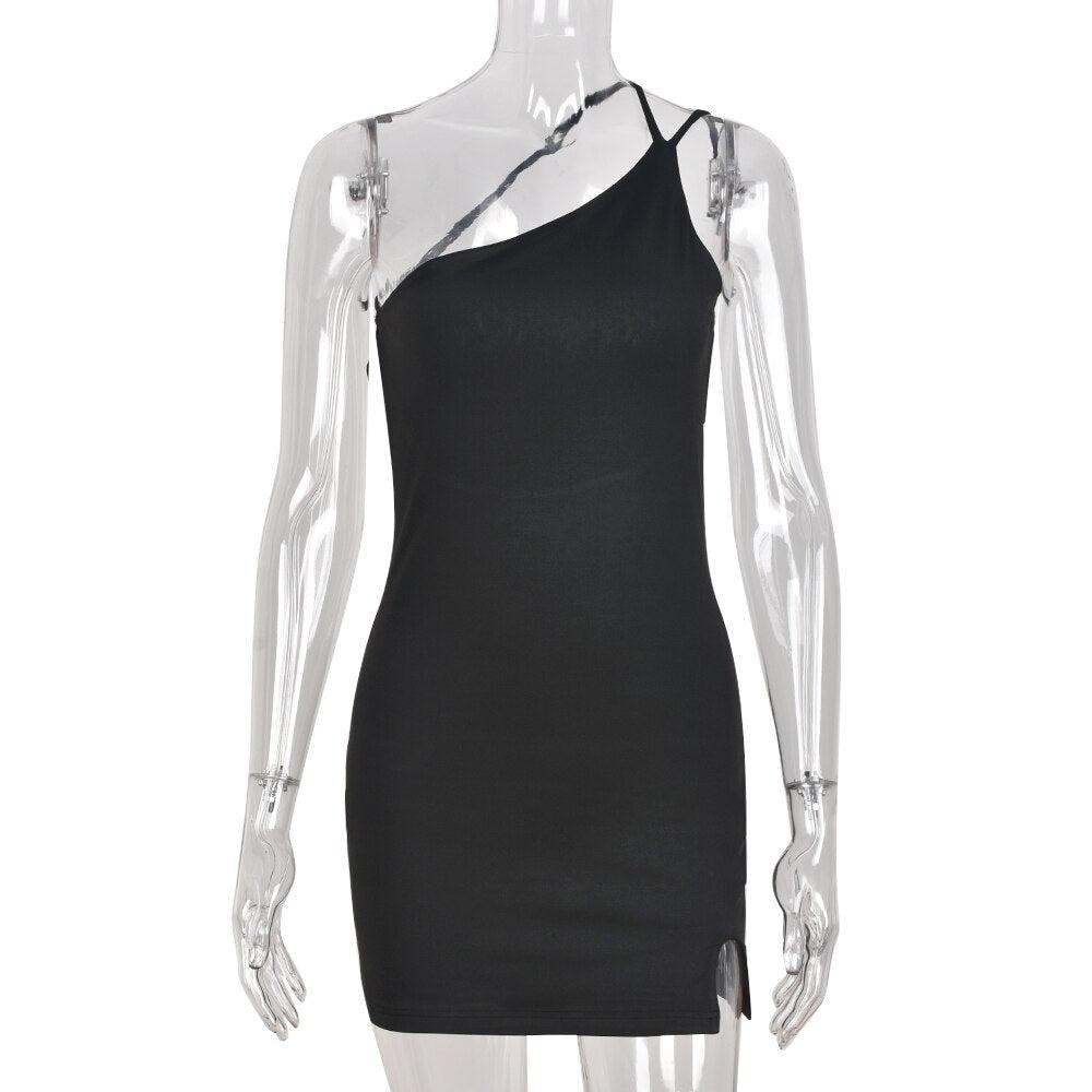 Women Sleeveless Backless Slim Fit One Shoulder Short Dress Solid Color  Party Club Bodycon Dress
