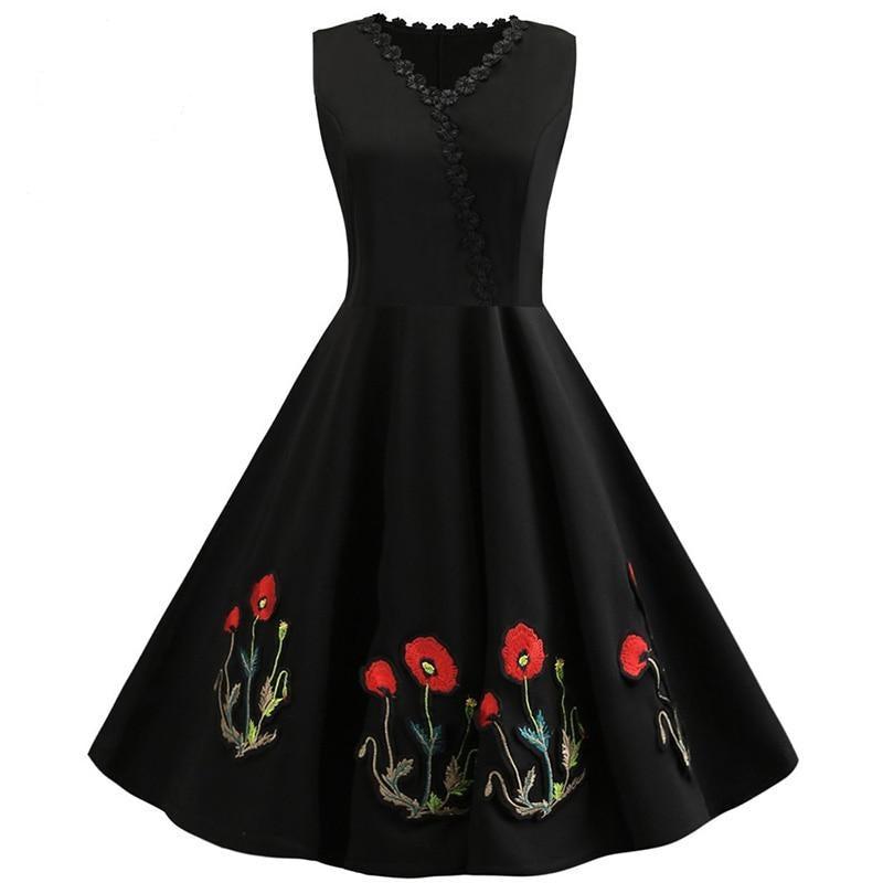 Embroidery Party Midi Dress Vintage V Neck Slim Dresses