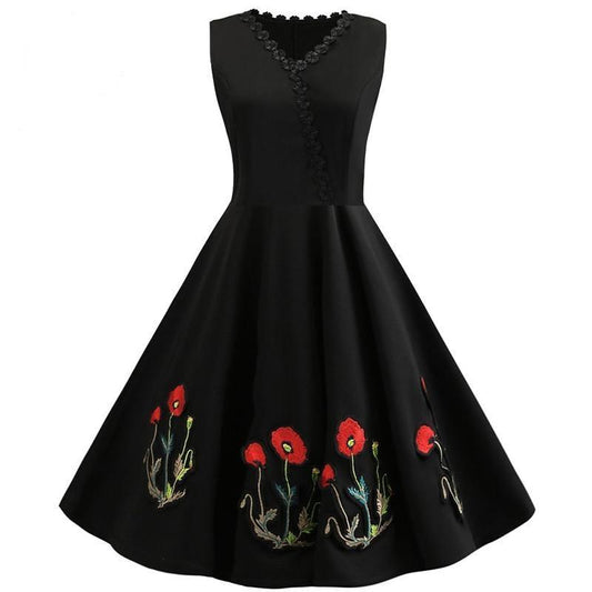 Embroidery Party Midi Dress Vintage V Neck Slim Dresses