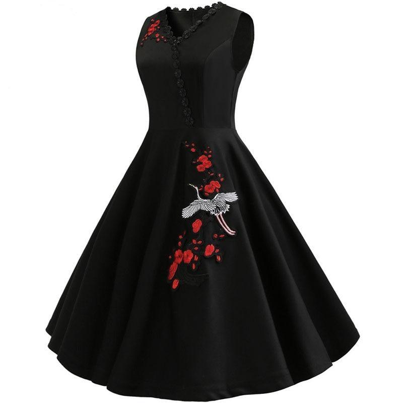 Embroidery Party Midi Dress Vintage V Neck Slim Dresses