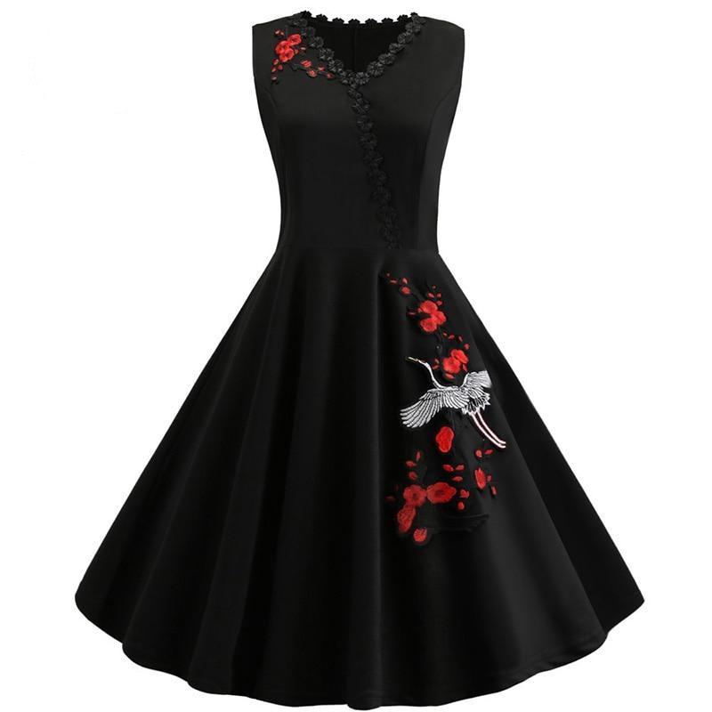 Embroidery Party Midi Dress Vintage V Neck Slim Dresses