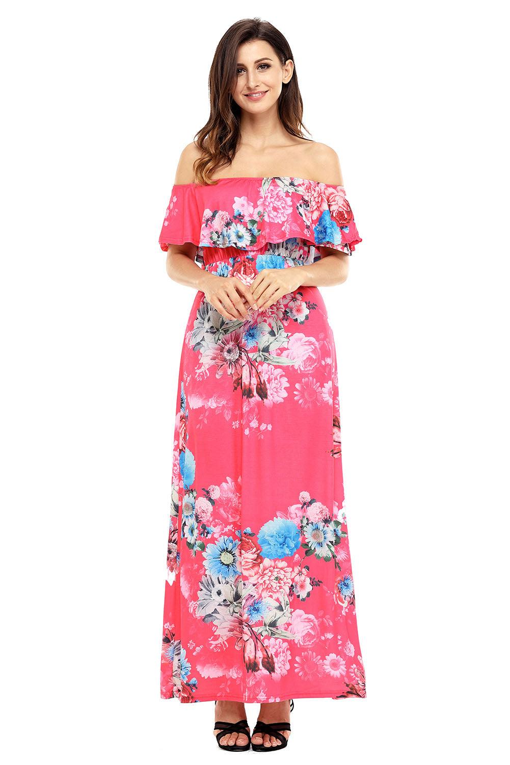 Flower Print Black Grounding Off Shoulder Long Boho Dress